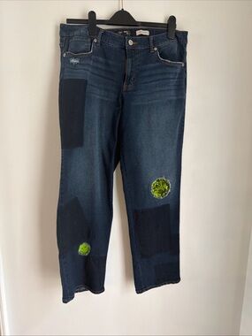 LOGO by Lori Goldstein Women Size 12 Blue Denim Boyfriend Patchwork Smiley Face